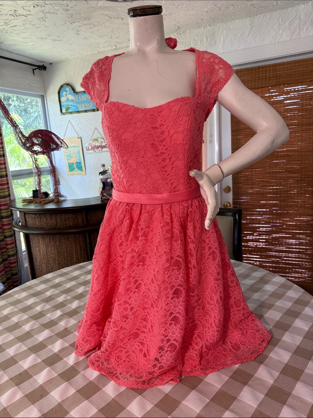 Coral Lace Cap-Sleeve Fit & Flare Dress